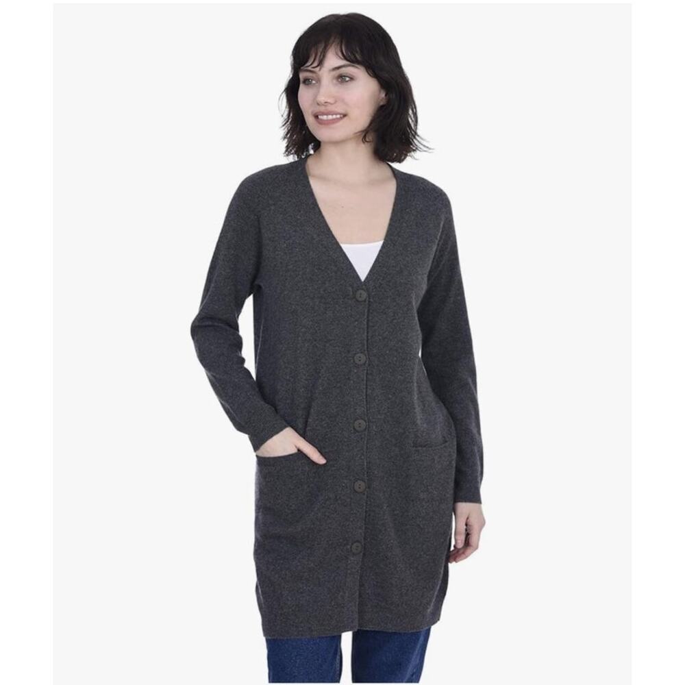 Cashmeren Long Profile Button Front Cardigan 100% Cashmere Casual Gray Sz S